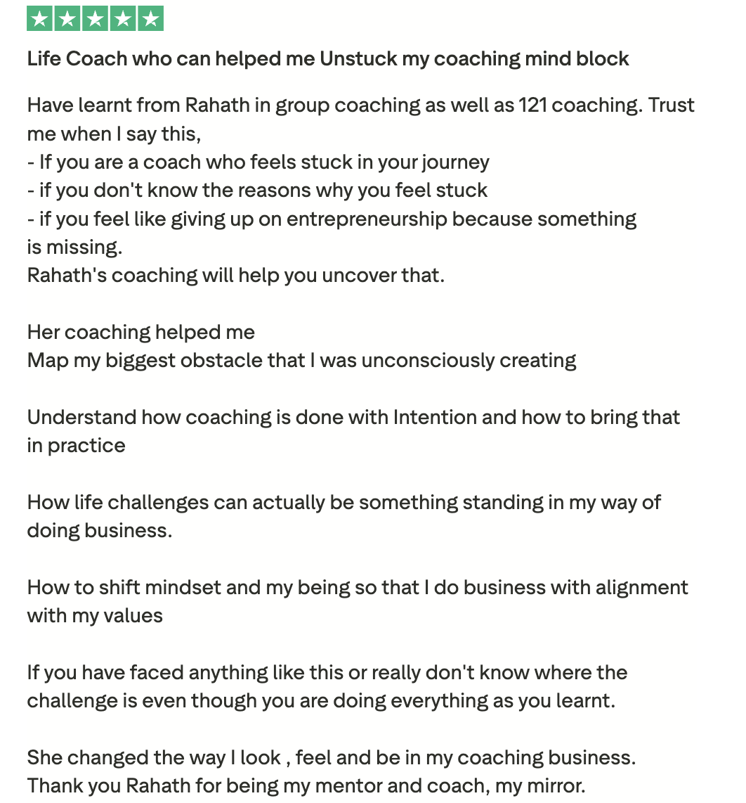 Trustpilot review: Life Coach who helped me unstuck my coaching mind block