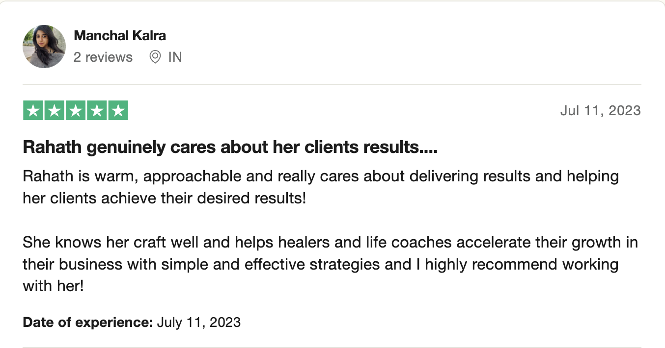 Trustpilot review by Manchal Kalra: Rahath genuinely cares about her clients results